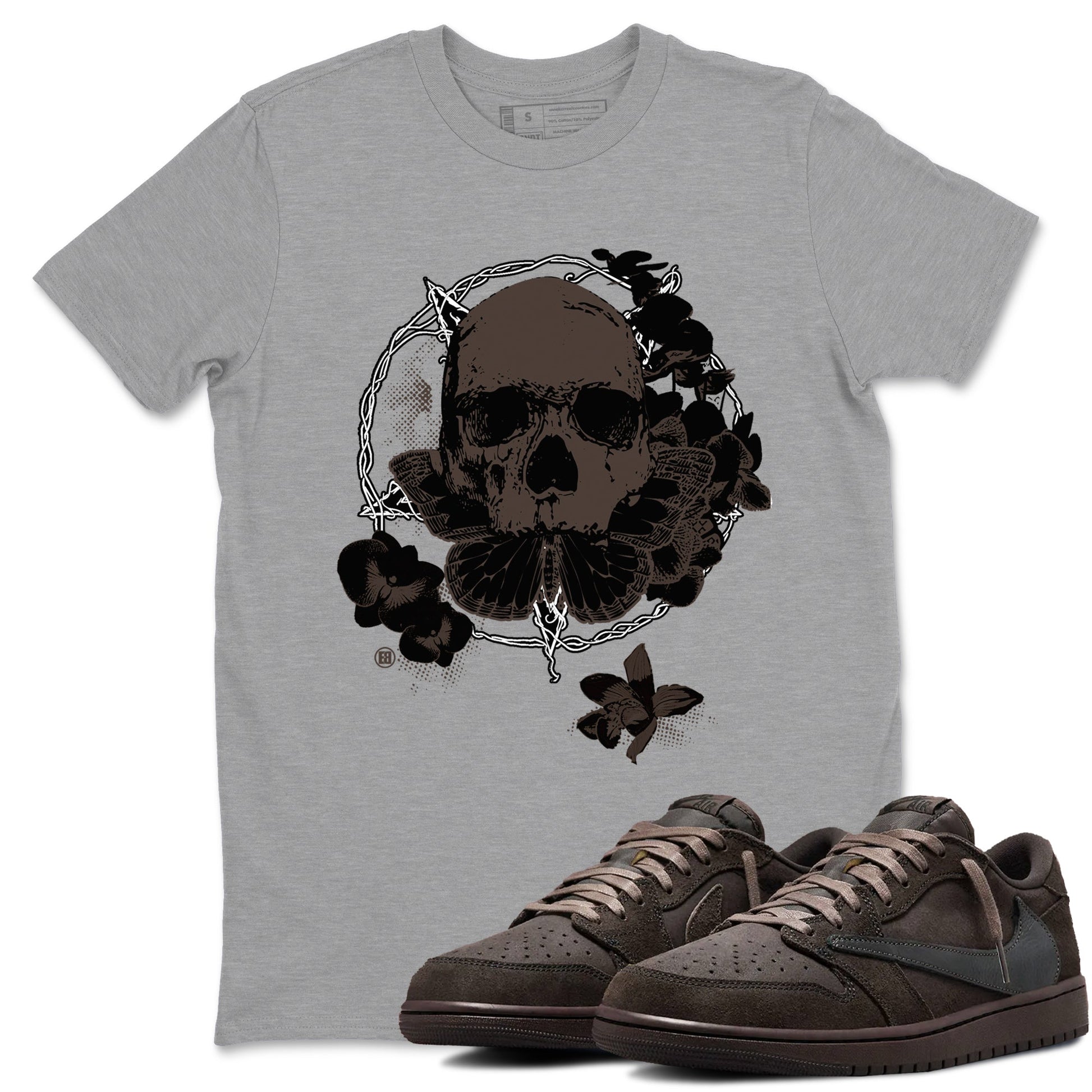 AJ1 Travis Scott Velvet Brown and Dark Mocha shirts to match jordans Carpe Diem Skull sneaker match tees 1s Travis Scott Velvet Brown match shoes to clothes SNRT Sneaker Tees unisex cotton Heather Grey 1 shirts