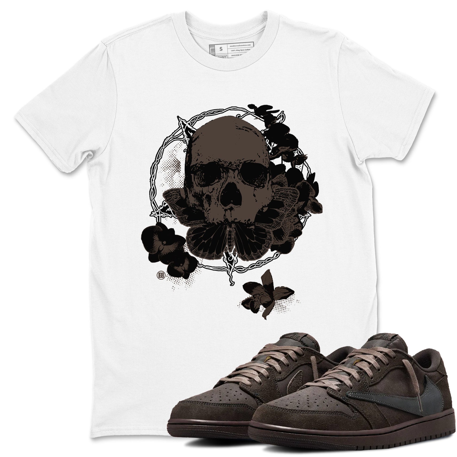 AJ1 Travis Scott Velvet Brown and Dark Mocha shirts to match jordans Carpe Diem Skull sneaker match tees 1s Travis Scott Velvet Brown match shoes to clothes SNRT Sneaker Tees unisex cotton White 1 shirts