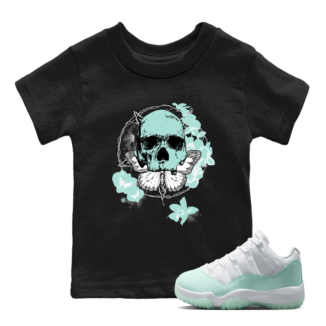 Carpe Diem Skull baby and kids t-shirt crafted for little sneakerheads to shine with the Air Jordan 11 Igloo sneakers, displayed in Black 1.