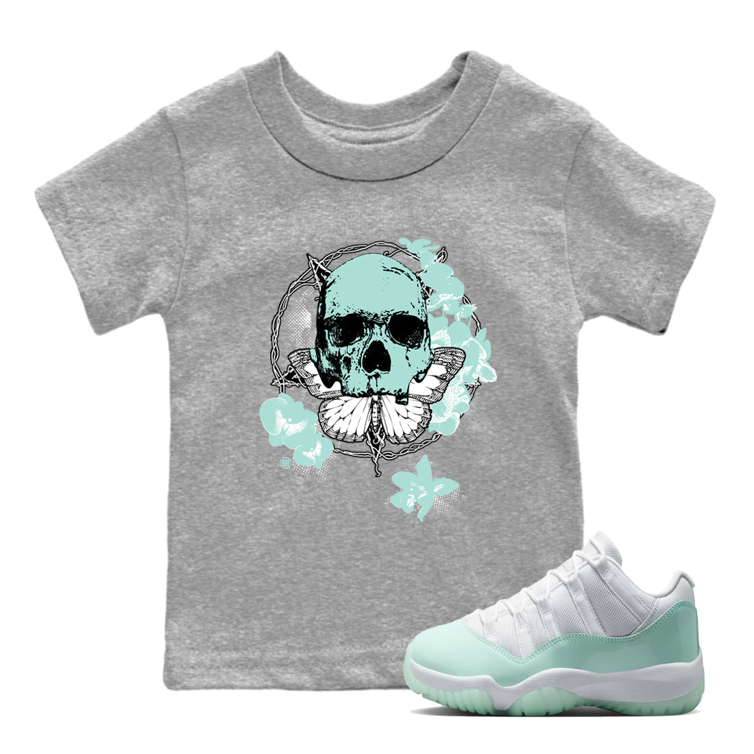 Carpe Diem Skull baby and kids t-shirt crafted for little sneakerheads to shine with the Air Jordan 11 Igloo sneakers, displayed in Heather Grey 1.