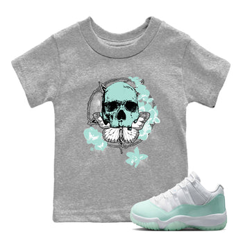 Carpe Diem Skull baby and kids t-shirt crafted for little sneakerheads to shine with the Air Jordan 11 Igloo sneakers, displayed in Heather Grey 1.