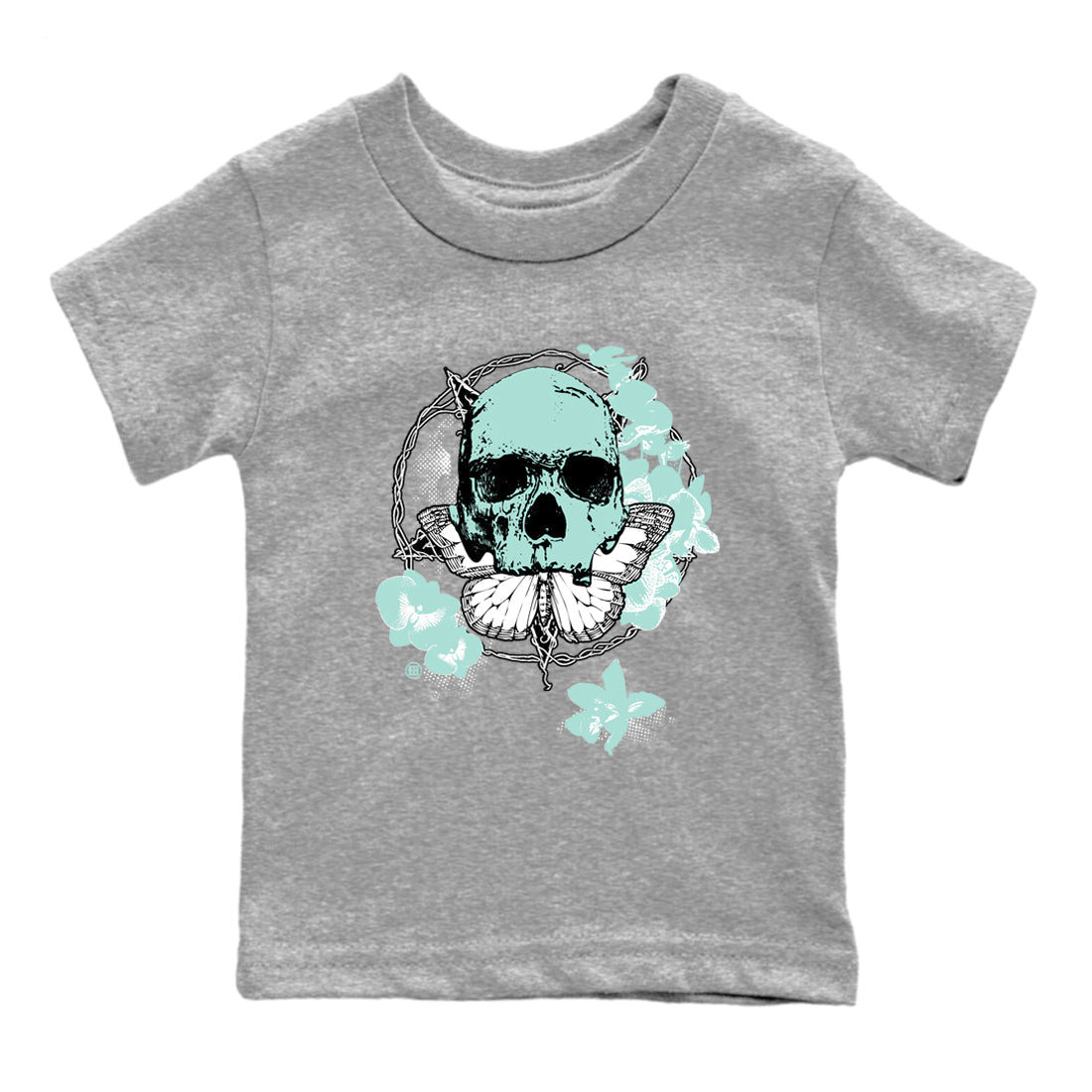 Carpe Diem Skull baby and kids t-shirt crafted for little sneakerheads to shine with the Air Jordan 11 Igloo sneakers, displayed in Heather Grey 2.