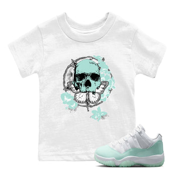 Carpe Diem Skull baby and kids t-shirt crafted for little sneakerheads to shine with the Air Jordan 11 Igloo sneakers, displayed in White 1.
