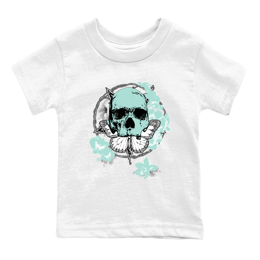 Carpe Diem Skull baby and kids t-shirt crafted for little sneakerheads to shine with the Air Jordan 11 Igloo sneakers, displayed in White 2.