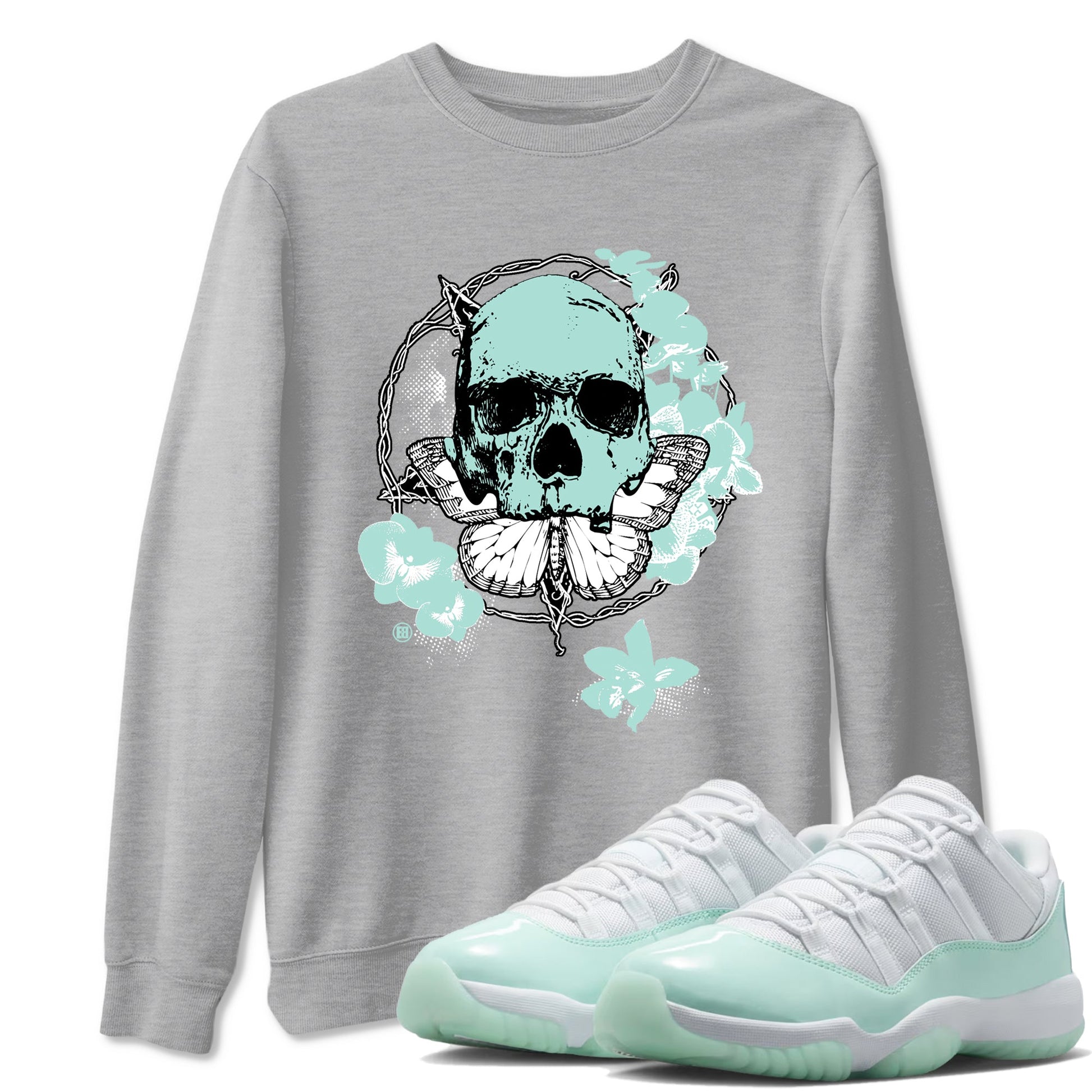 Carpe Diem Skull sneaker match t-shirt styled to complete your fit with the Air Jordan 11 Igloo sneakers, shown in Heather Grey 1.