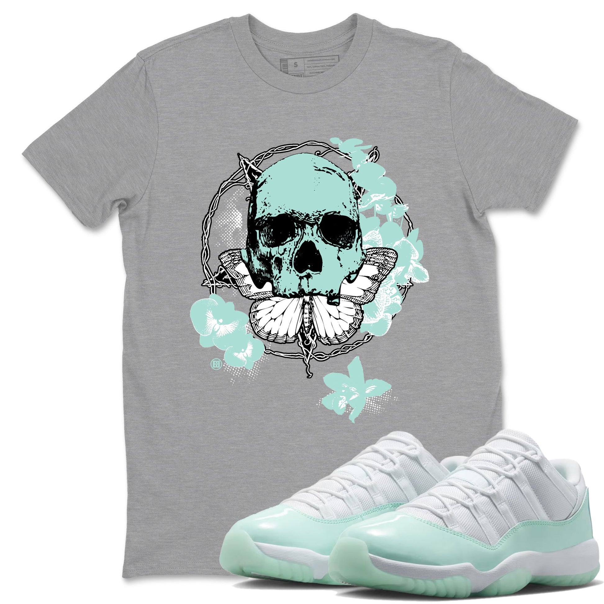 Carpe Diem Skull sneaker match t-shirt styled to complete your fit with the Air Jordan 11 Igloo sneakers, shown in Heather Grey 1.