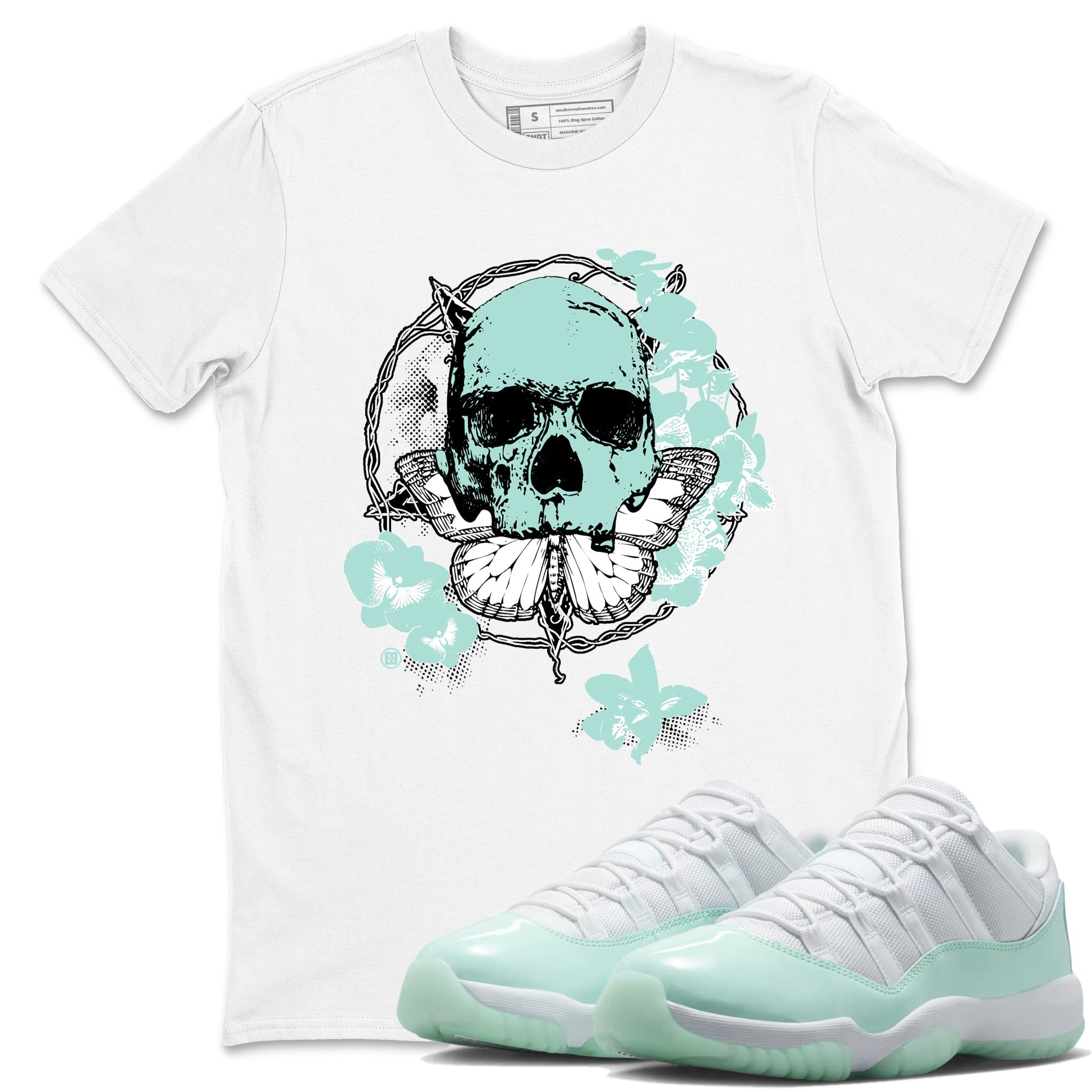 Carpe Diem Skull sneaker match t-shirt styled to complete your fit with the Air Jordan 11 Igloo sneakers, shown in White 1.