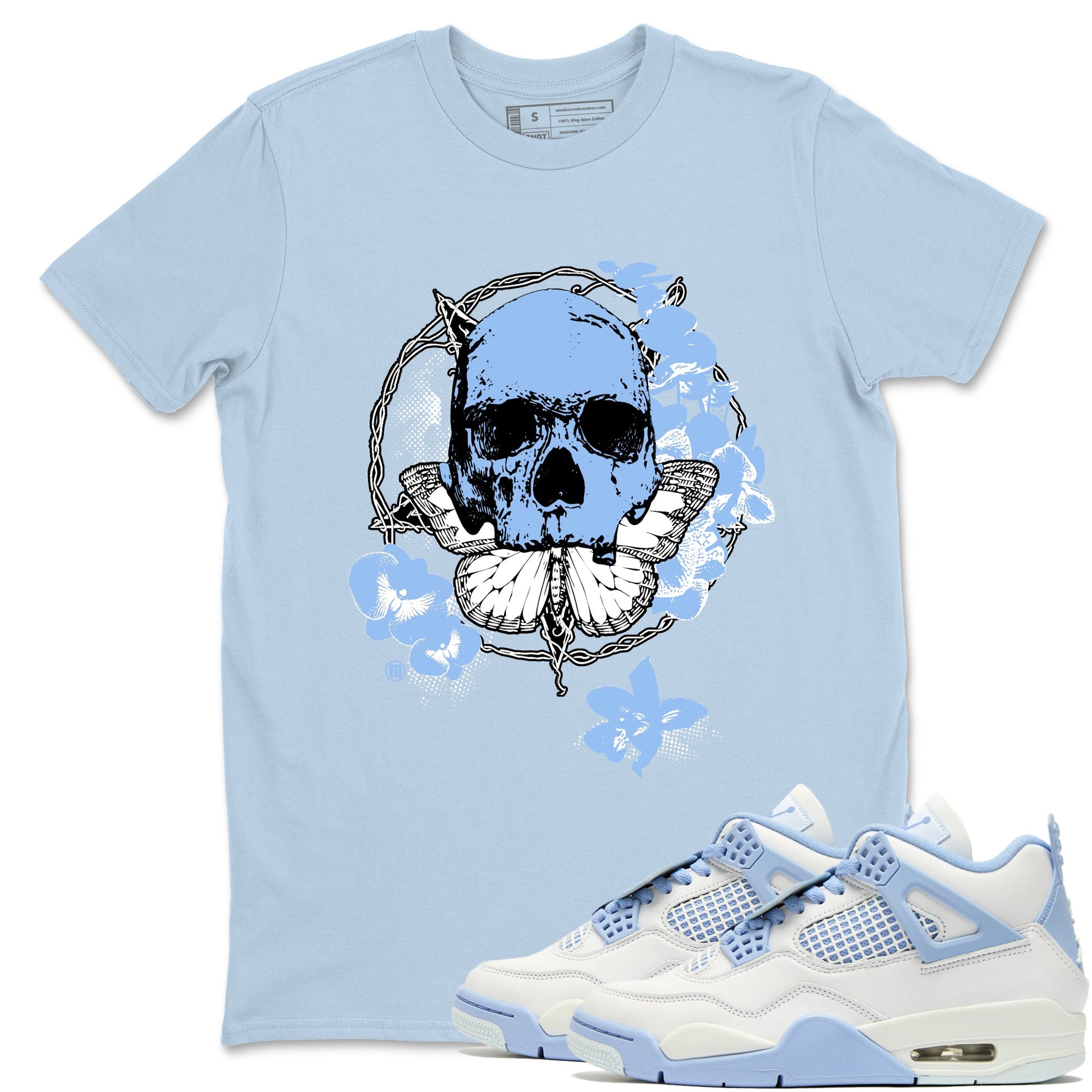 4s Forget Me Not shirts to match jordans Carpe Diem Skull graphic tees Air Jordan 4 Forget Me Not match shoes to clothes SNRT Sneaker Tees unisex cotton Light Blue 1 shirts