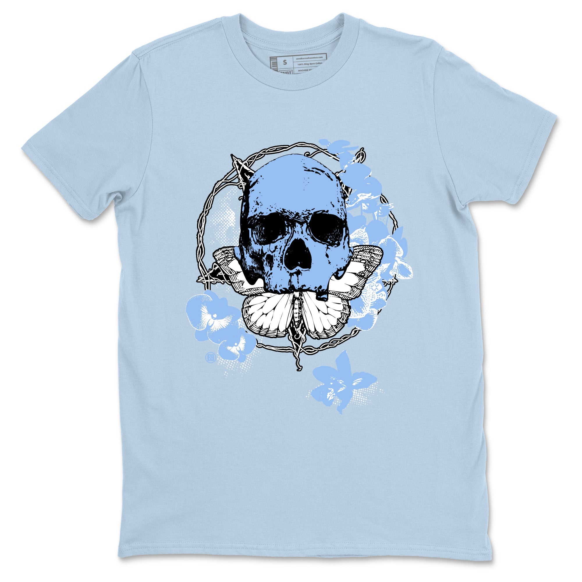 4s Forget Me Not shirts to match jordans Carpe Diem Skull graphic tees Air Jordan 4 Forget Me Not match shoes to clothes SNRT Sneaker Tees unisex cotton Light Blue 2 shirts