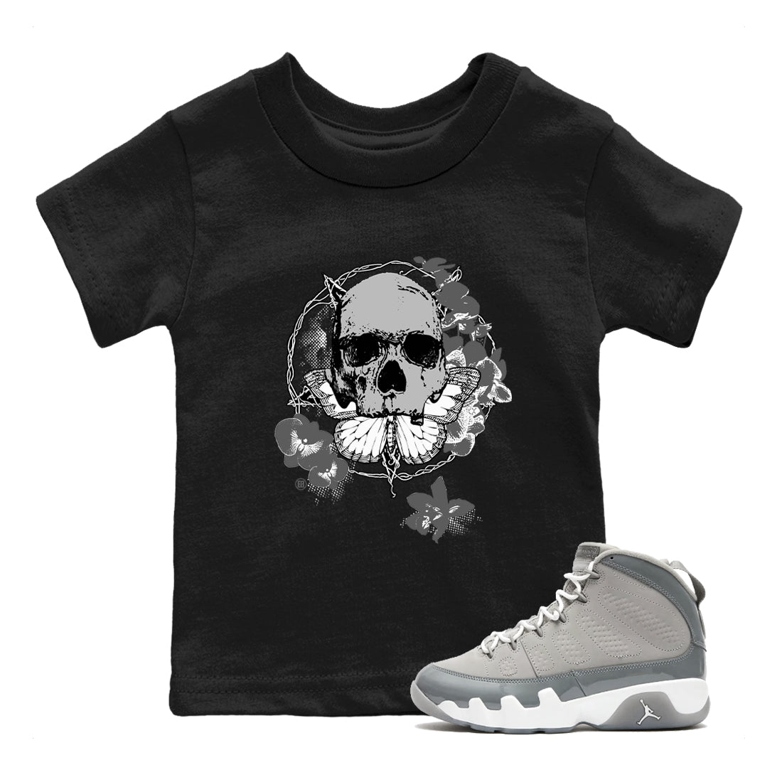 9s Cool Grey best t shirts to wear with jordans Carpe Diem Skull sneaker match tees Air Jordan 9 Retro Cool Grey match shoes to clothes SNRT Sneaker Tees Youth Baby Black 1 tee