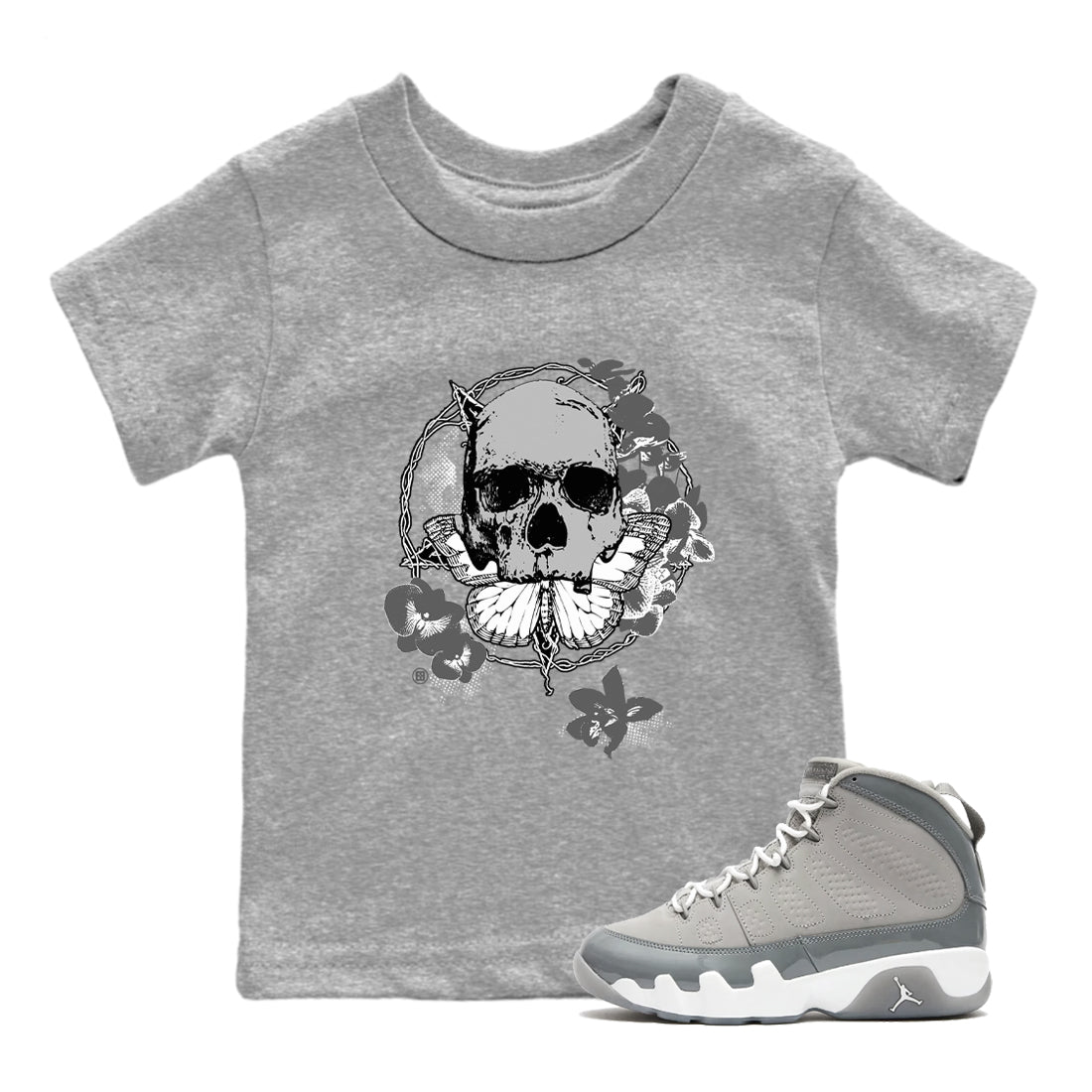 9s Cool Grey best t shirts to wear with jordans Carpe Diem Skull sneaker match tees Air Jordan 9 Retro Cool Grey match shoes to clothes SNRT Sneaker Tees Youth Baby Heather Grey 1 tee