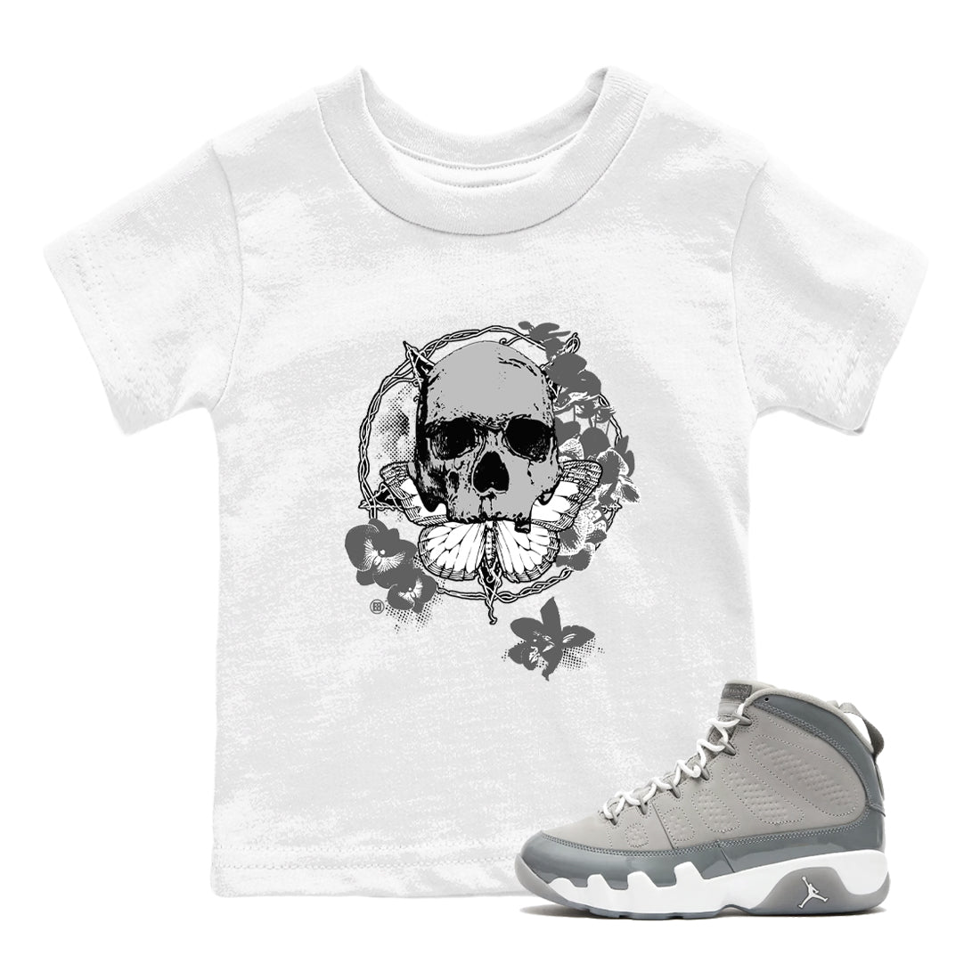 9s Cool Grey best t shirts to wear with jordans Carpe Diem Skull sneaker match tees Air Jordan 9 Retro Cool Grey match shoes to clothes SNRT Sneaker Tees Youth Baby White 1 tee