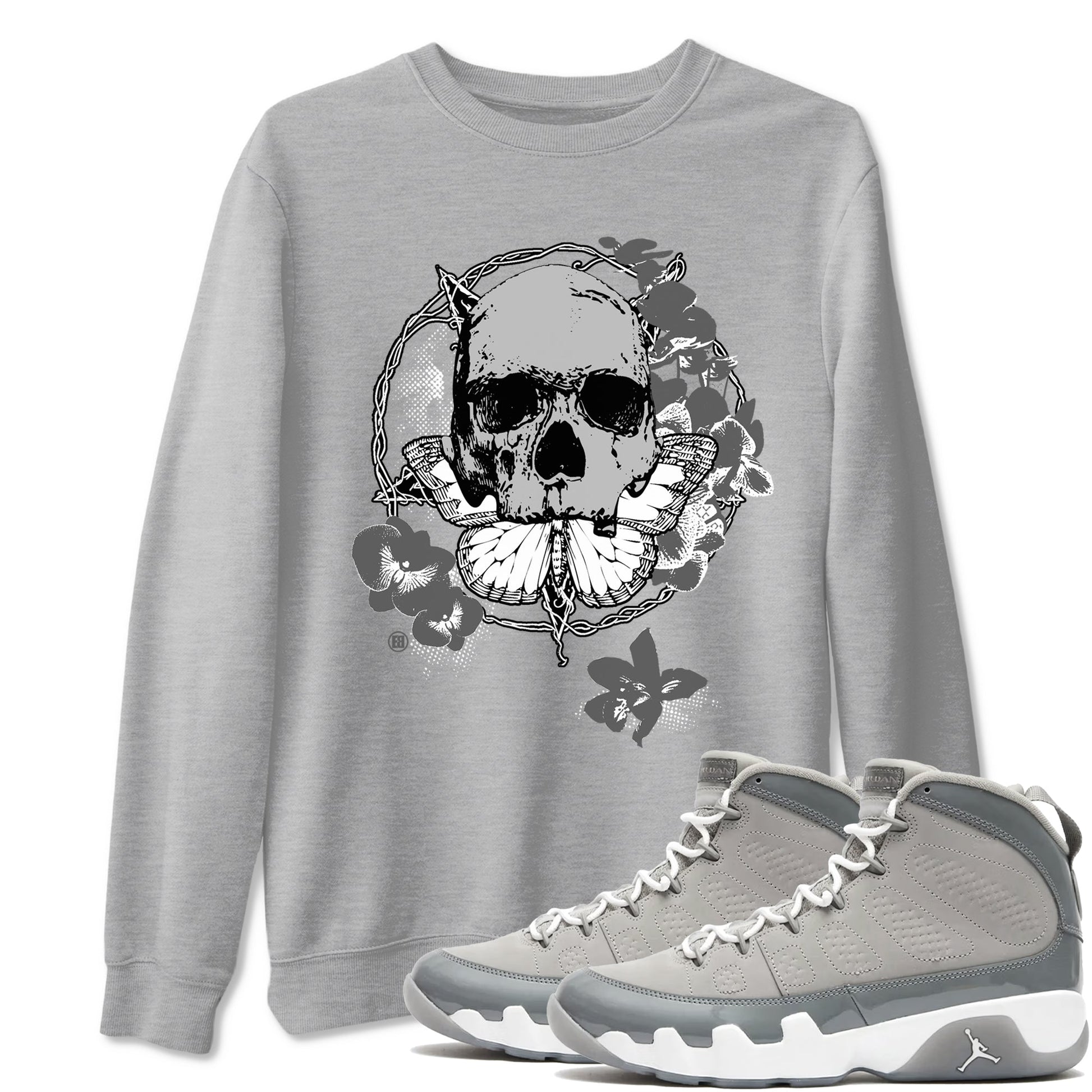 9s Cool Grey best t shirts to wear with jordans Carpe Diem Skull sneaker match tees Air Jordan 9 Retro Cool Grey match shoes to clothes SNRT Sneaker Tees unisex cotton Heather Grey 1 shirts
