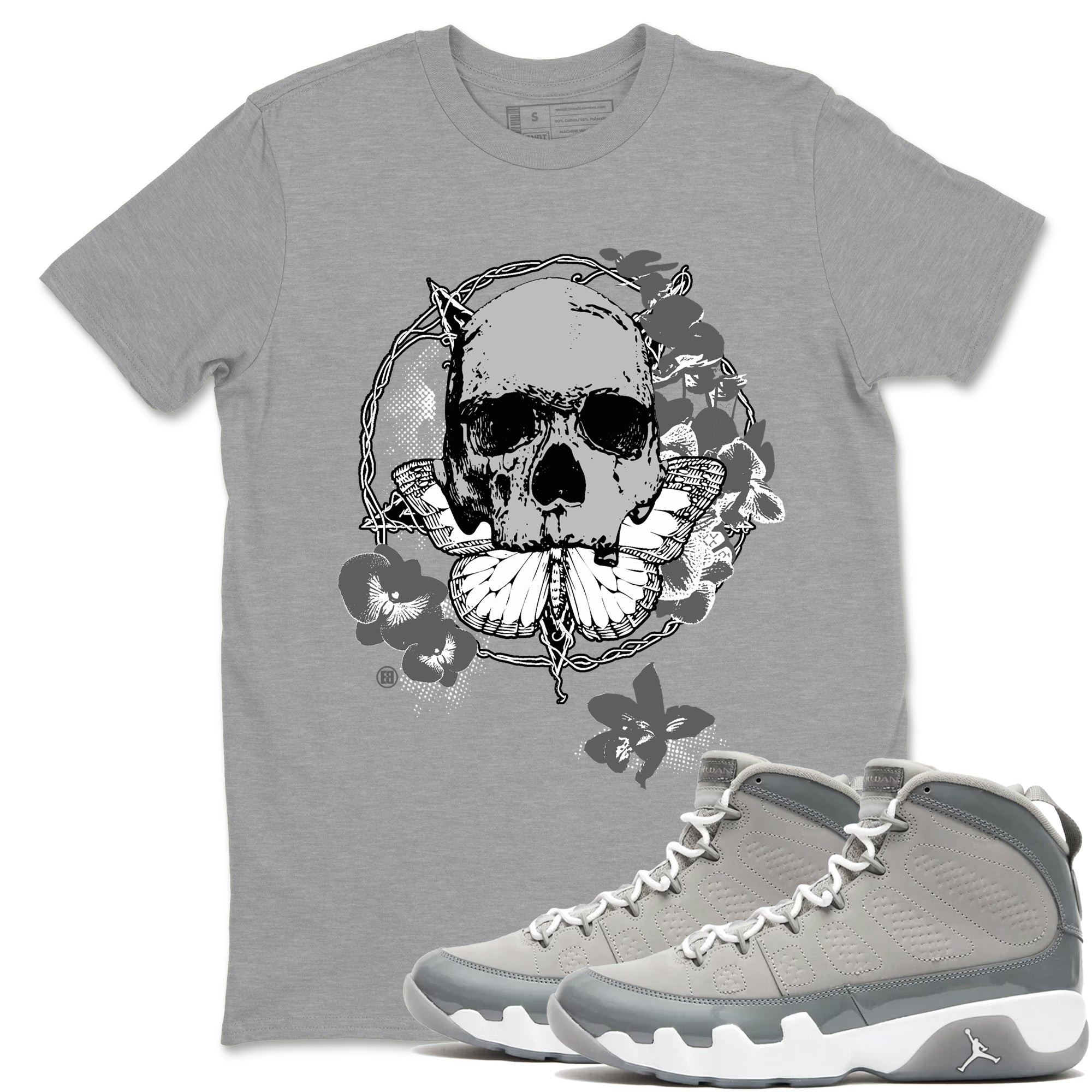 9s Cool Grey best t shirts to wear with jordans Carpe Diem Skull sneaker match tees Air Jordan 9 Retro Cool Grey match shoes to clothes SNRT Sneaker Tees unisex cotton Heather Grey 1 shirts