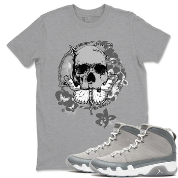 9s Cool Grey best t shirts to wear with jordans Carpe Diem Skull sneaker match tees Air Jordan 9 Retro Cool Grey match shoes to clothes SNRT Sneaker Tees unisex cotton Heather Grey 1 shirts
