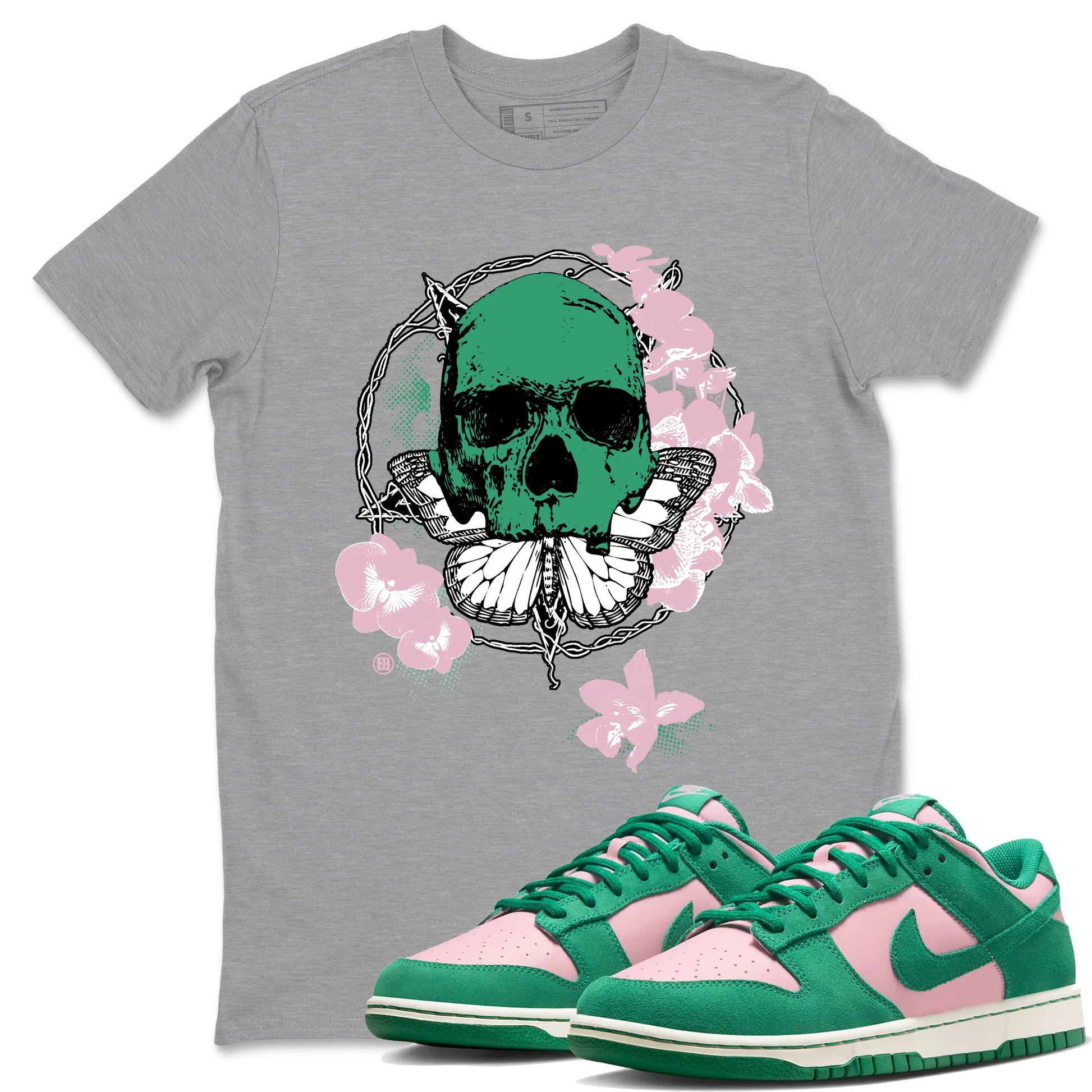 Dunk Medium Soft Pink Malachite t shirts to match sneakers Carpe Diem Skull sneaker match tees Dunk Medium Soft Pink Malachite shirt SNRT Sneaker Tees unisex cotton Heather Grey 1 shirts