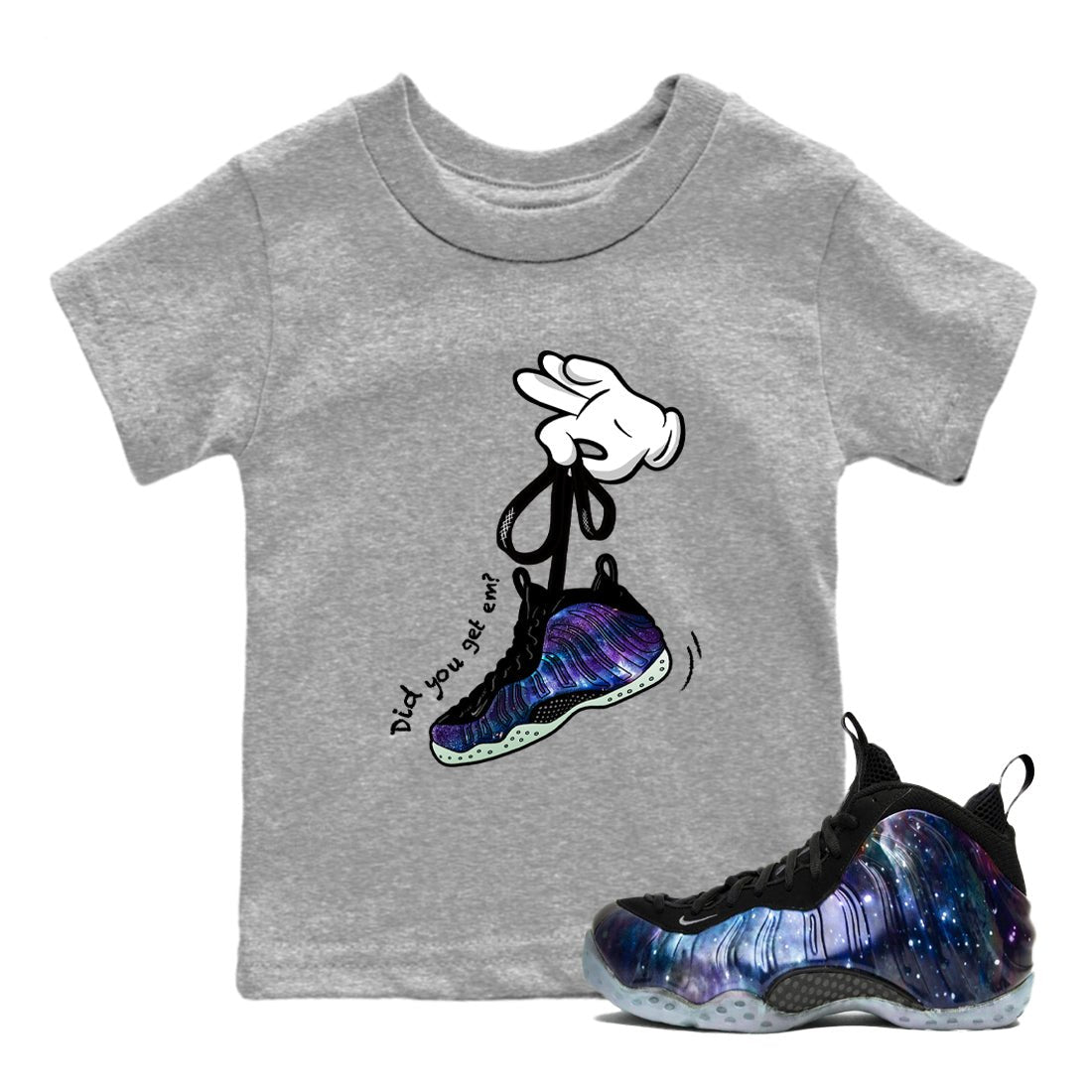Foams One Galaxy shirts to match jordans Cartoon Hands best t shirts to wear with jordans Air Foamposite One Galaxy match shoes to clothes SNRT Sneaker Tees Youth Baby Heather Grey 1 tee