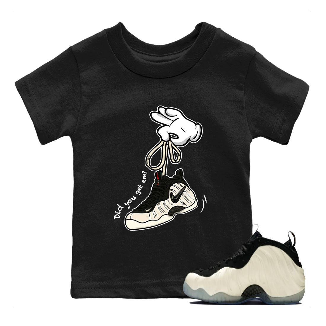 Sneaker Threads – Sneaker Tees To Match Air Foamposite One Pearl – Cartoon Hands Youth Graphic Tee Black 1. Perfect for Jordan releases 2025 colorways.