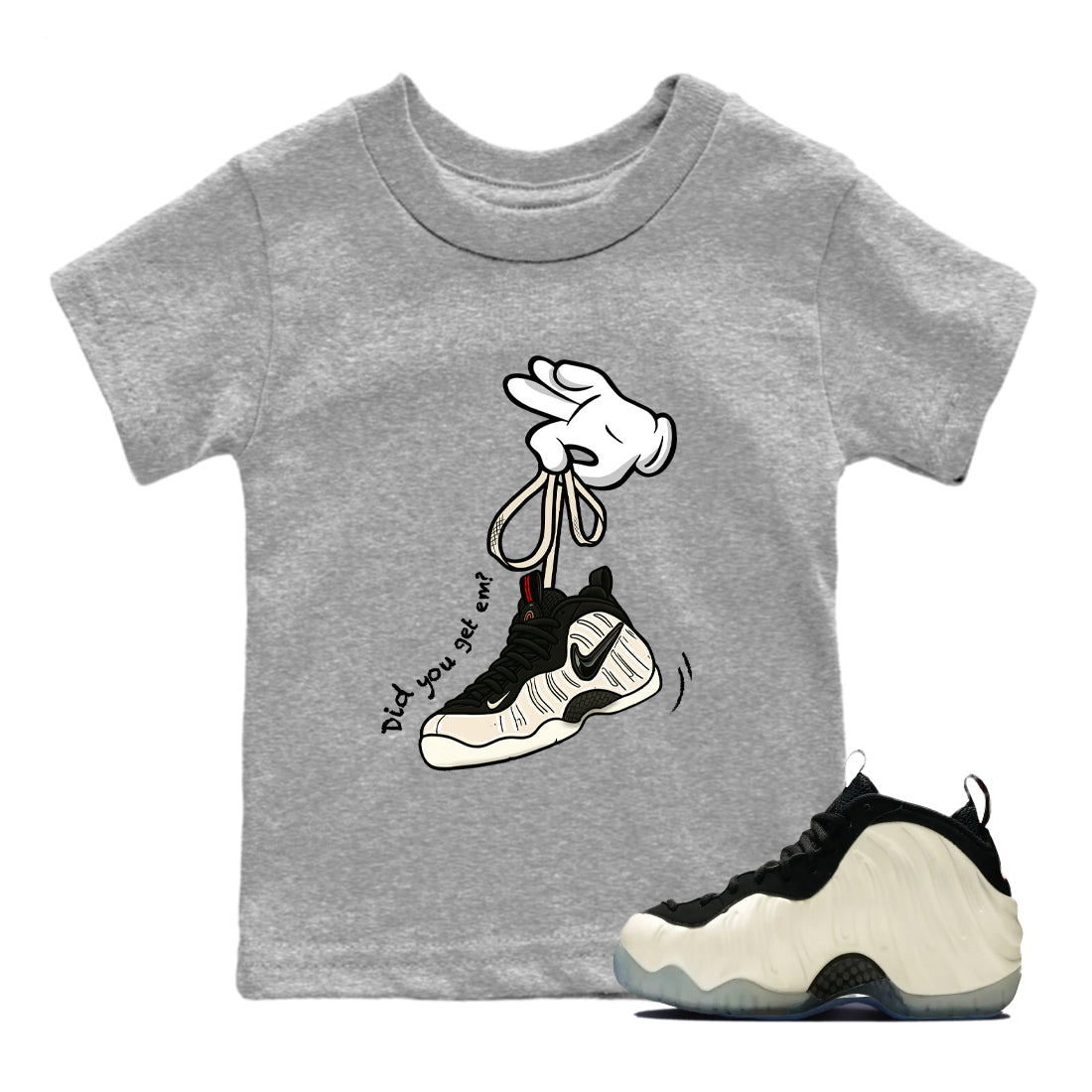 Sneaker Threads – Sneaker Tees To Match Air Foamposite One Pearl – Cartoon Hands Youth Graphic Tee Heather Grey 1. Perfect for Jordan releases 2025 colorways.