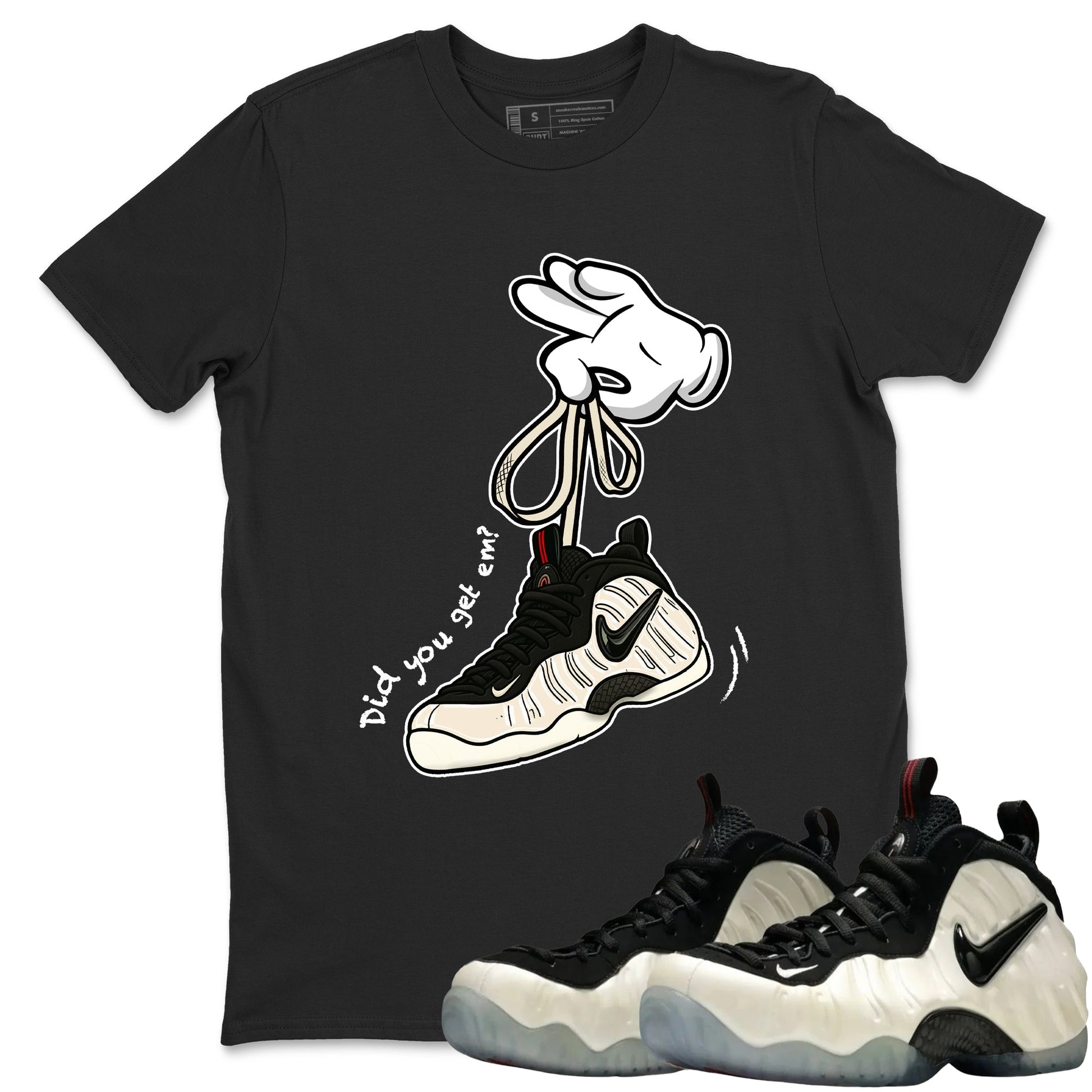 Sneaker Threads – Sneaker Tees To Match Air Foamposite One Pearl – Cartoon Hands Graphic Tee Black 1. Perfect for Jordan releases 2025 colorways.