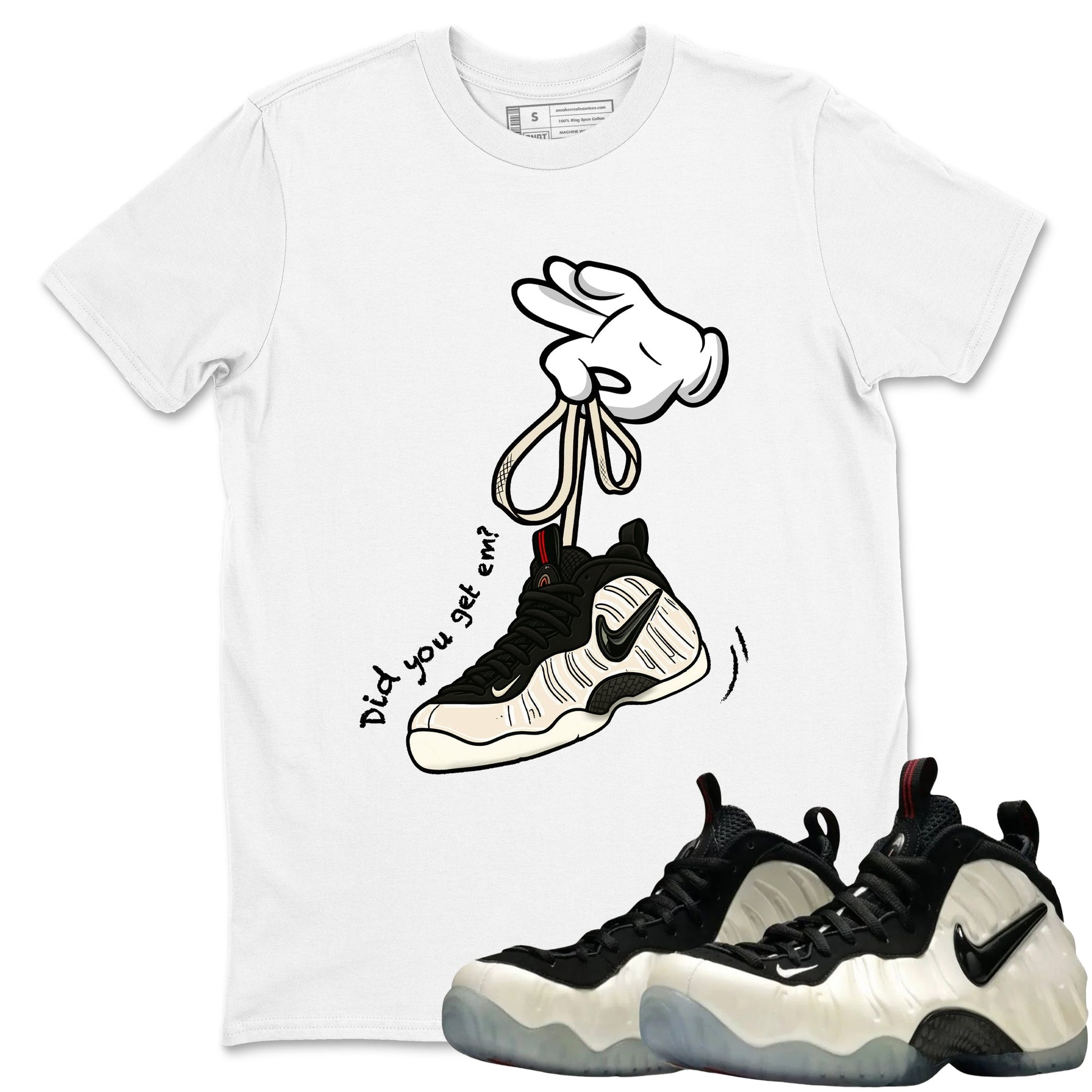 Sneaker Threads – Sneaker Tees To Match Air Foamposite One Pearl – Cartoon Hands Graphic Tee White 1. Perfect for Jordan releases 2025 colorways.