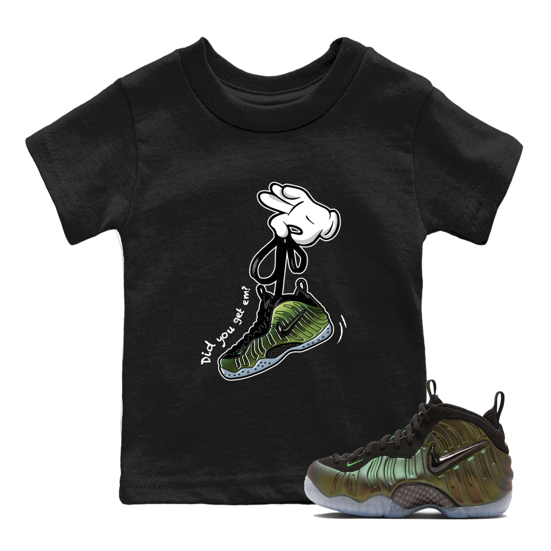 Best Christmas gifts for sneakerheads  – Sneaker Tees To Match Air Foamposite One Pine Green Sneakers – Cartoon Hands Kids T-Shirt Black 1