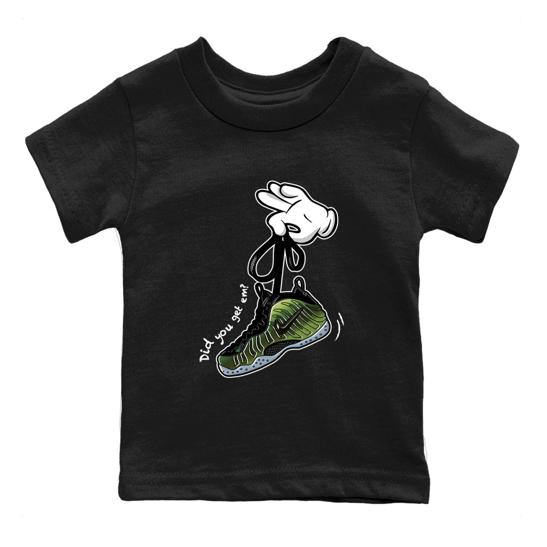 Best Christmas gifts for sneakerheads  – Sneaker Tees To Match Air Foamposite One Pine Green Sneakers – Cartoon Hands Kids T-Shirt Black 2