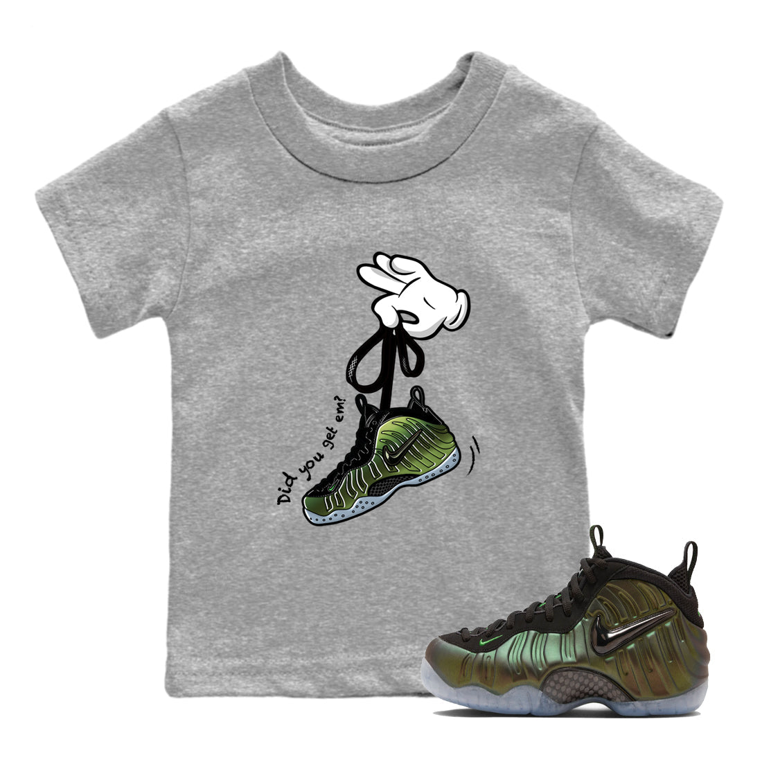 Best Christmas gifts for sneakerheads  – Sneaker Tees To Match Air Foamposite One Pine Green Sneakers – Cartoon Hands Kids T-Shirt Heather Grey 1
