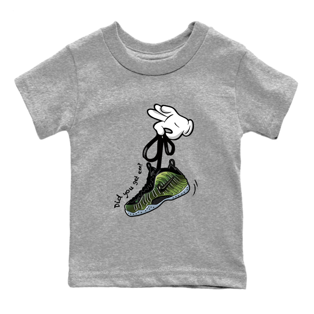 Best Christmas gifts for sneakerheads  – Sneaker Tees To Match Air Foamposite One Pine Green Sneakers – Cartoon Hands Kids T-Shirt Heather Grey 2
