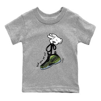 Best Christmas gifts for sneakerheads  – Sneaker Tees To Match Air Foamposite One Pine Green Sneakers – Cartoon Hands Kids T-Shirt Heather Grey 2