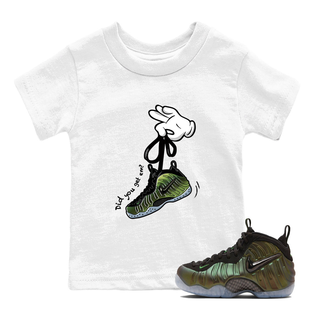 Best Christmas gifts for sneakerheads  – Sneaker Tees To Match Air Foamposite One Pine Green Sneakers – Cartoon Hands Kids T-Shirt White 1