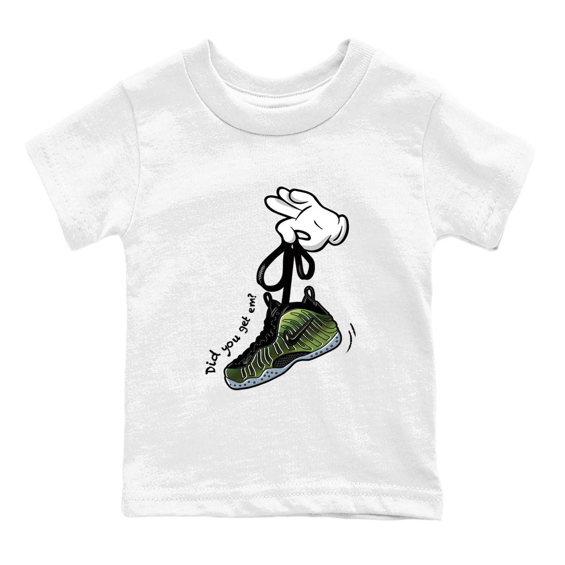 Best Christmas gifts for sneakerheads  – Sneaker Tees To Match Air Foamposite One Pine Green Sneakers – Cartoon Hands Kids T-Shirt White 2