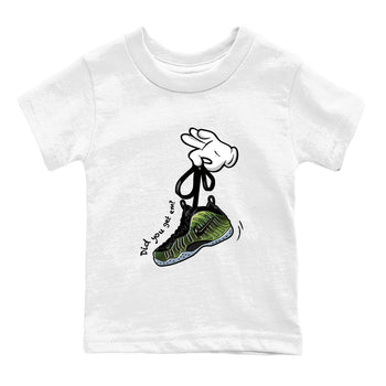 Best Christmas gifts for sneakerheads  – Sneaker Tees To Match Air Foamposite One Pine Green Sneakers – Cartoon Hands Kids T-Shirt White 2