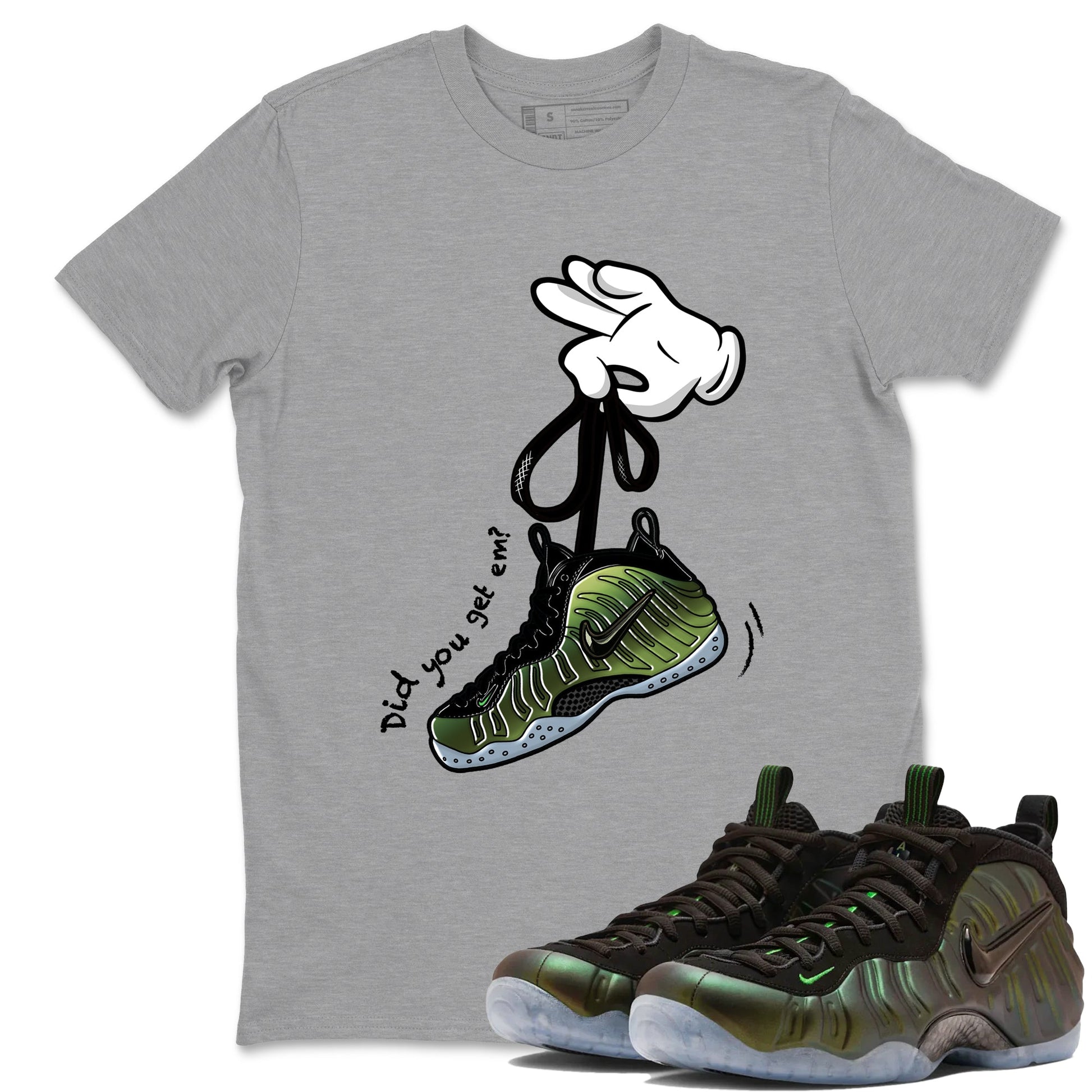 Best Christmas gifts for sneakerheads  – Sneaker Tees To Match Air Foamposite One Pine Green Sneakers – Cartoon Hands Graphic Tee Heather Grey 1