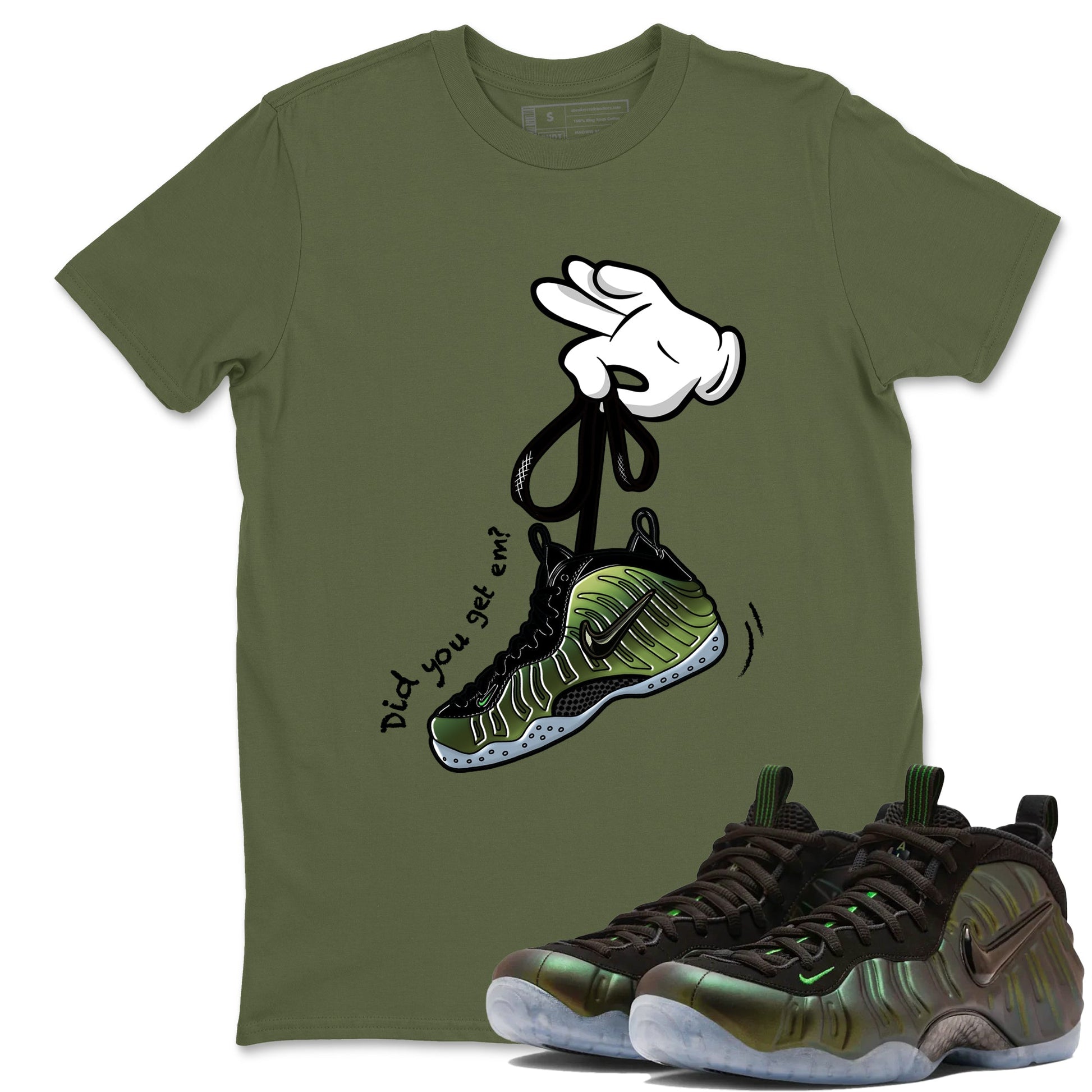 Best Christmas gifts for sneakerheads  – Sneaker Tees To Match Air Foamposite One Pine Green Sneakers – Cartoon Hands Graphic Tee Military Green 1