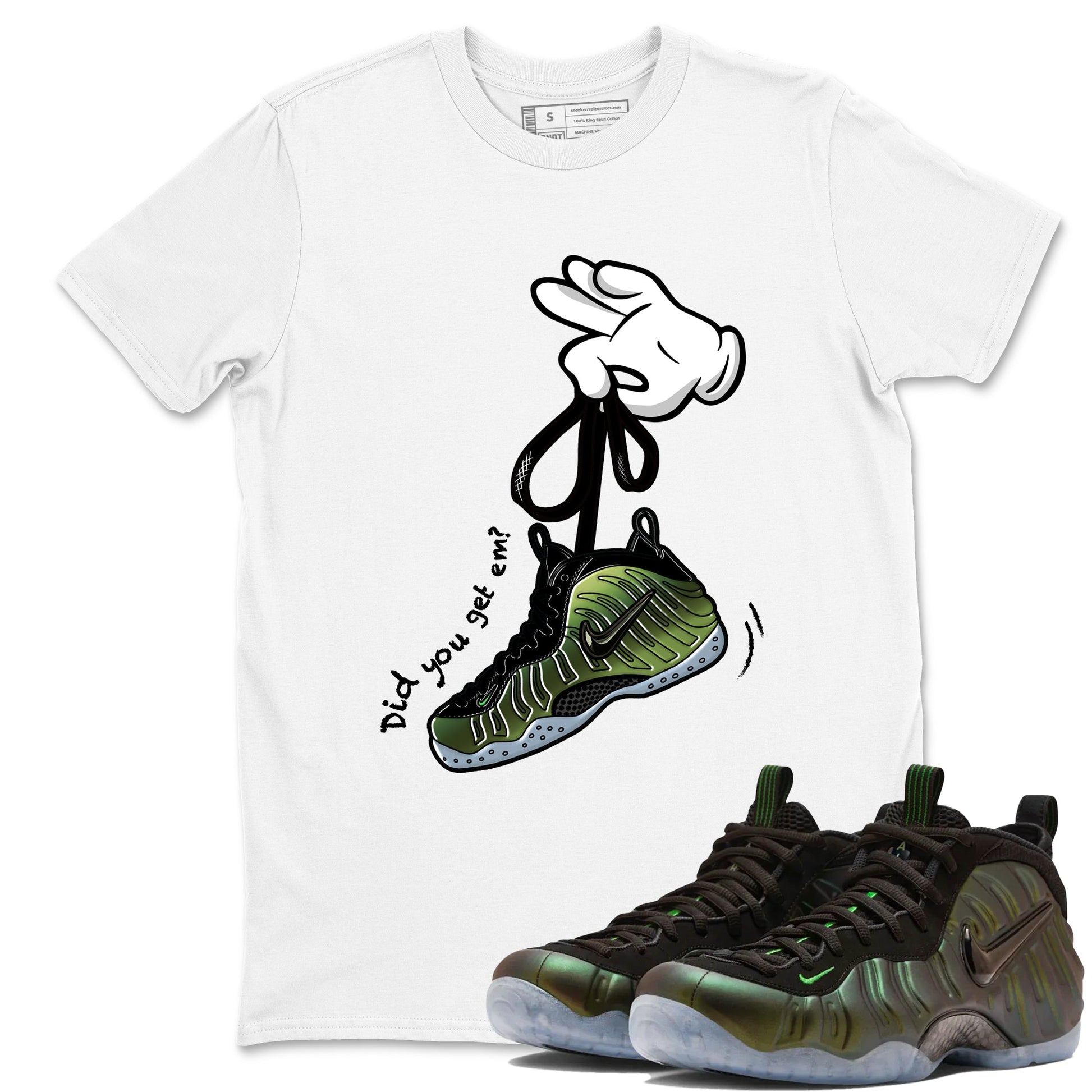 Best Christmas gifts for sneakerheads  – Sneaker Tees To Match Air Foamposite One Pine Green Sneakers – Cartoon Hands Graphic Tee White 1