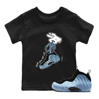 Cartoon Hands baby and kids t-shirt crafted for little sneakerheads to shine with the Air Foamposite One Psychic Blue sneakers, displayed in Black 1.