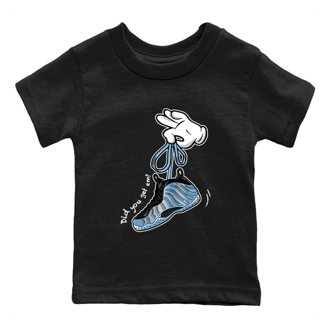 Cartoon Hands baby and kids t-shirt crafted for little sneakerheads to shine with the Air Foamposite One Psychic Blue sneakers, displayed in Black 2.