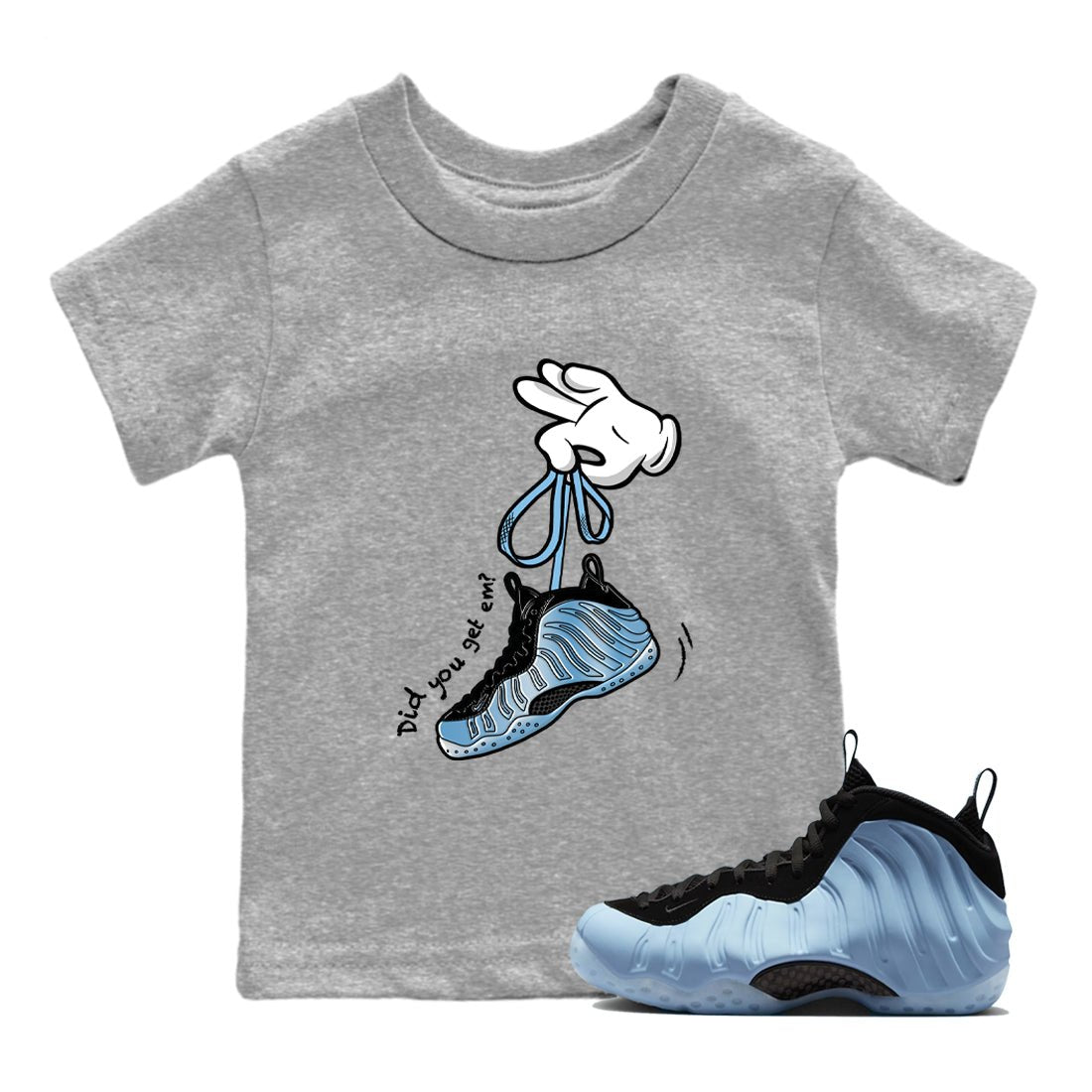 Cartoon Hands baby and kids t-shirt crafted for little sneakerheads to shine with the Air Foamposite One Psychic Blue sneakers, displayed in Heather Grey 1.