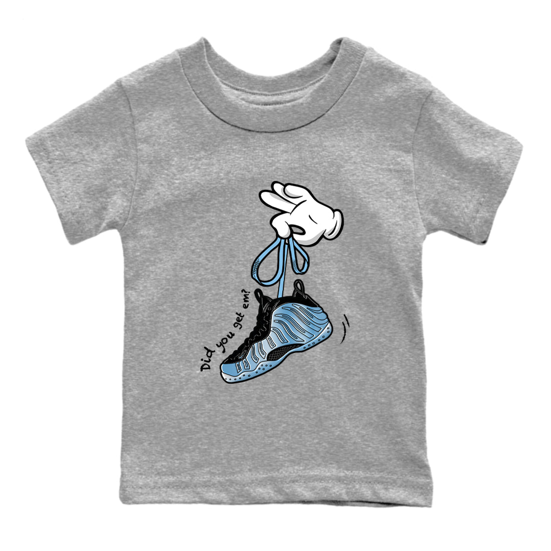 Cartoon Hands baby and kids t-shirt crafted for little sneakerheads to shine with the Air Foamposite One Psychic Blue sneakers, displayed in Heather Grey 2.