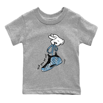 Cartoon Hands baby and kids t-shirt crafted for little sneakerheads to shine with the Air Foamposite One Psychic Blue sneakers, displayed in Heather Grey 2.