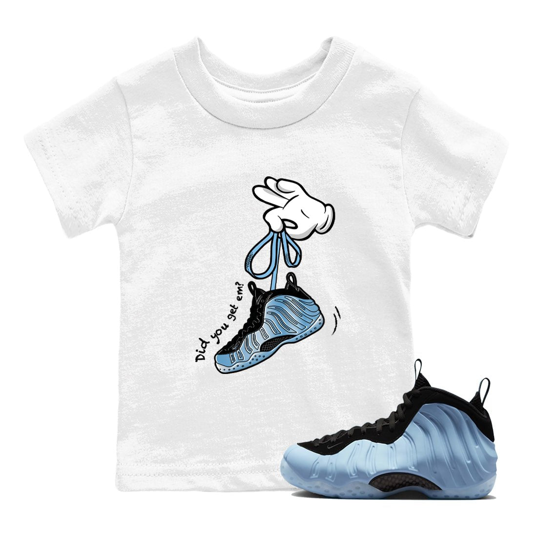 Cartoon Hands baby and kids t-shirt crafted for little sneakerheads to shine with the Air Foamposite One Psychic Blue sneakers, displayed in White 1.