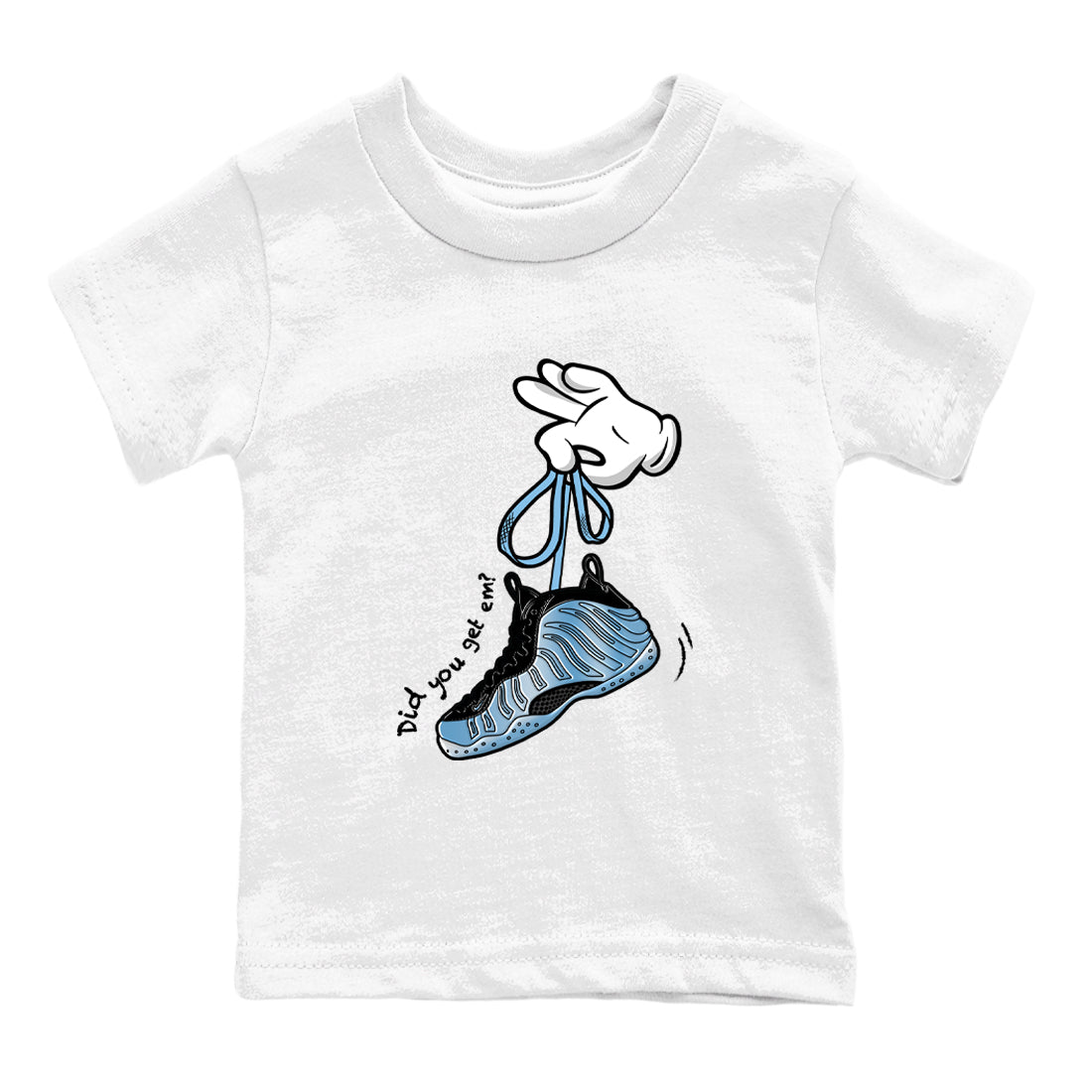 Cartoon Hands baby and kids t-shirt crafted for little sneakerheads to shine with the Air Foamposite One Psychic Blue sneakers, displayed in White 2.