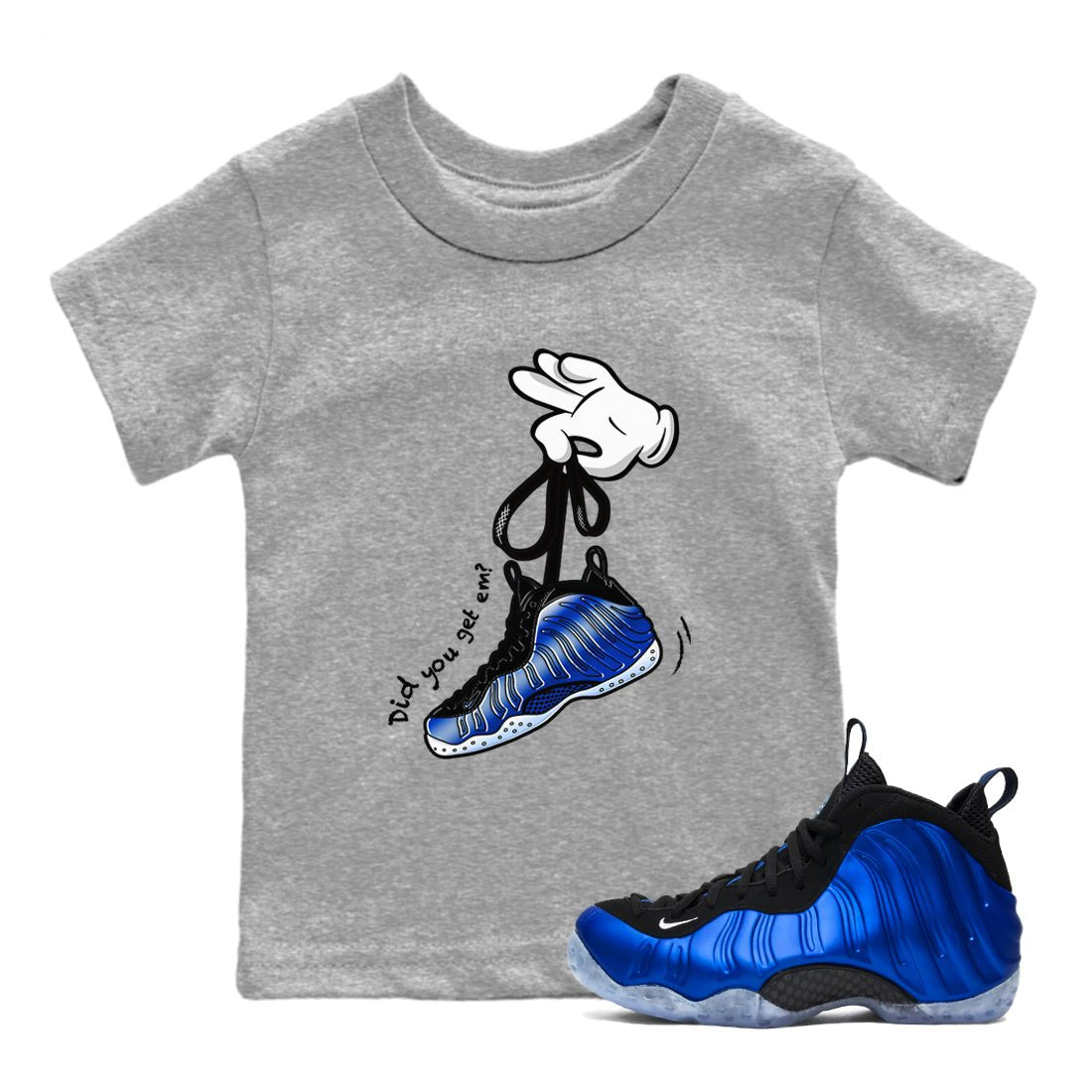 Air Foamposite One Royal shirts to match jordans Cartoon Hands sneaker match tees Foams One Royal match shoes to clothes SNRT Sneaker Tees Youth Baby Heather Grey 1 tee