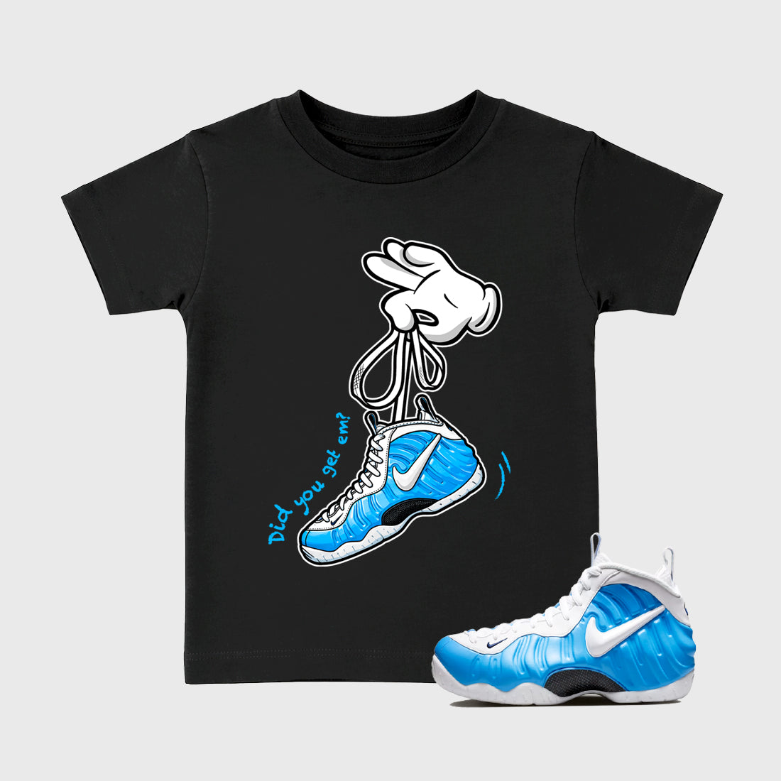 Cartoon Hands SNRT Sneaker Tees Kids - Air Foamposite Pro University Blue - SNRT Sneaker T-shirts