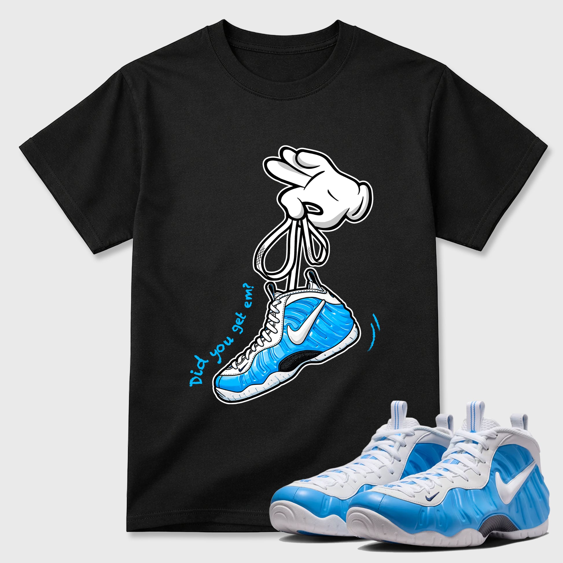 Cartoon Hands SNRT Sneaker Tees - Air Foamposite Pro University Blue - SNRT Sneaker T-shirts