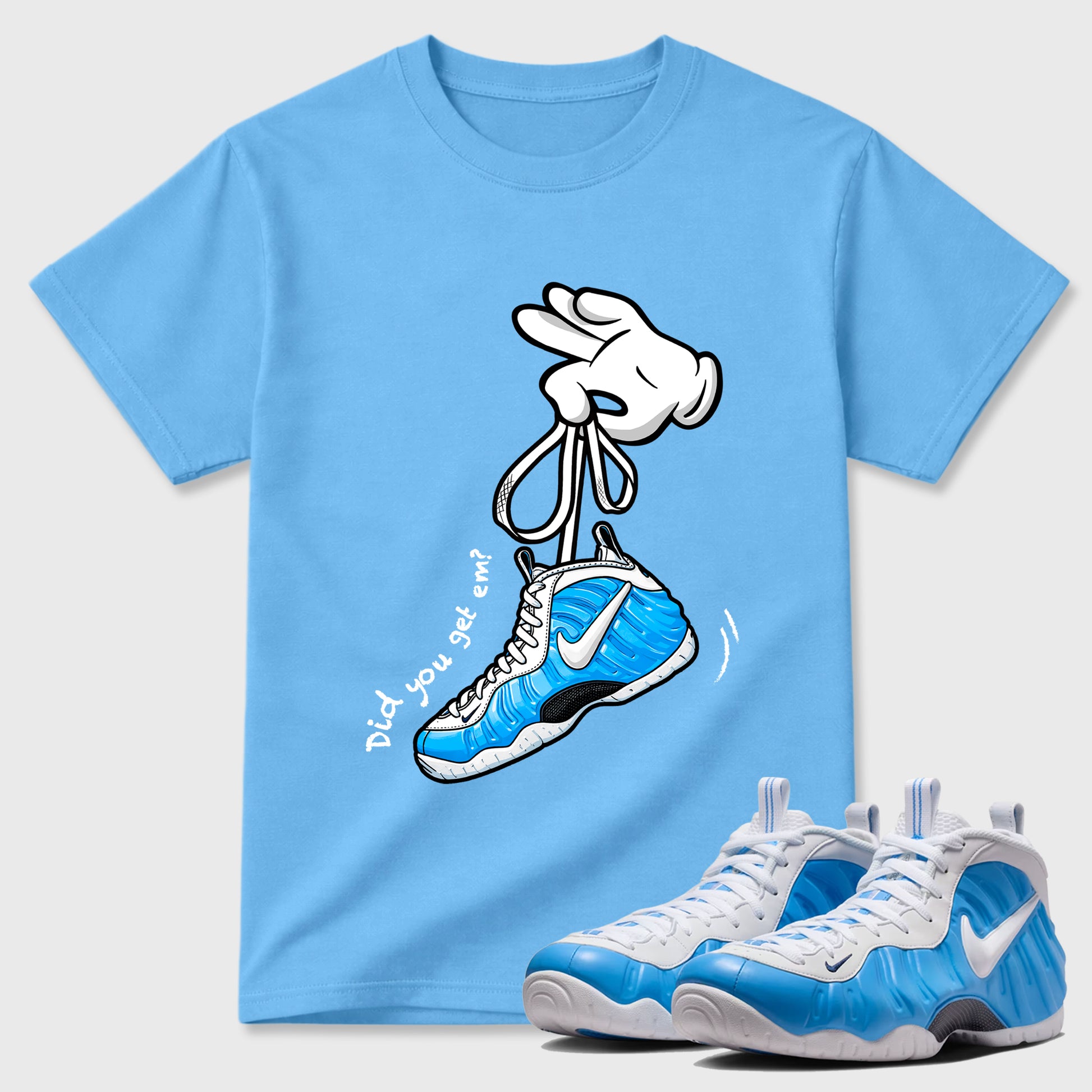 Cartoon Hands SNRT Sneaker Tees - Air Foamposite Pro University Blue - SNRT Sneaker T-shirts