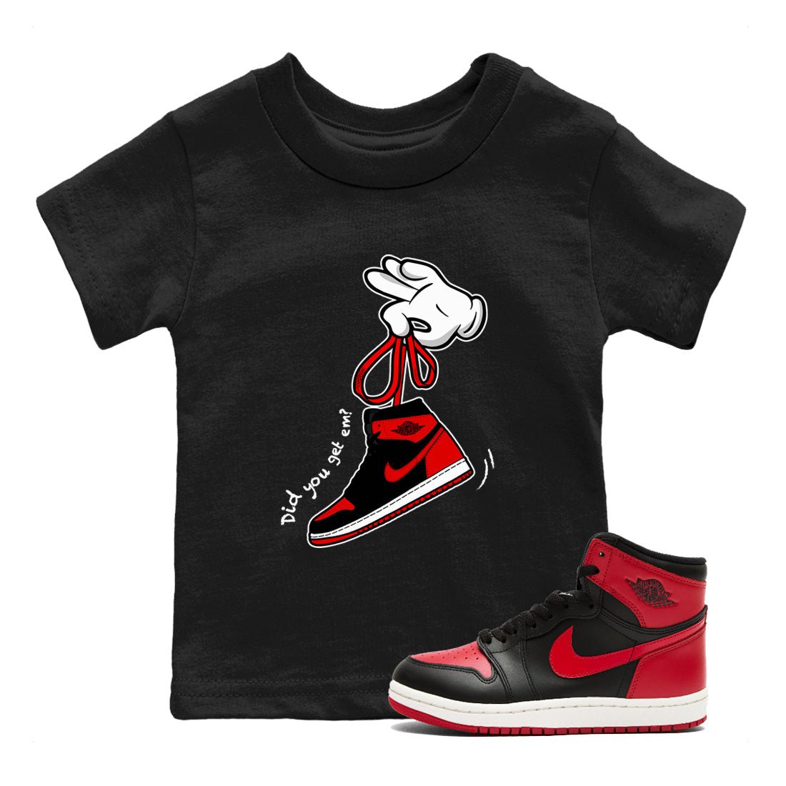 1s '85 Bred shirts to match jordans Cartoon Hands best t shirts to wear with jordans Air Jordan 1 Retro HIgh OG '85 Bred match shoes to clothes SNRT Sneaker Tees Youth Baby Black 1 tee