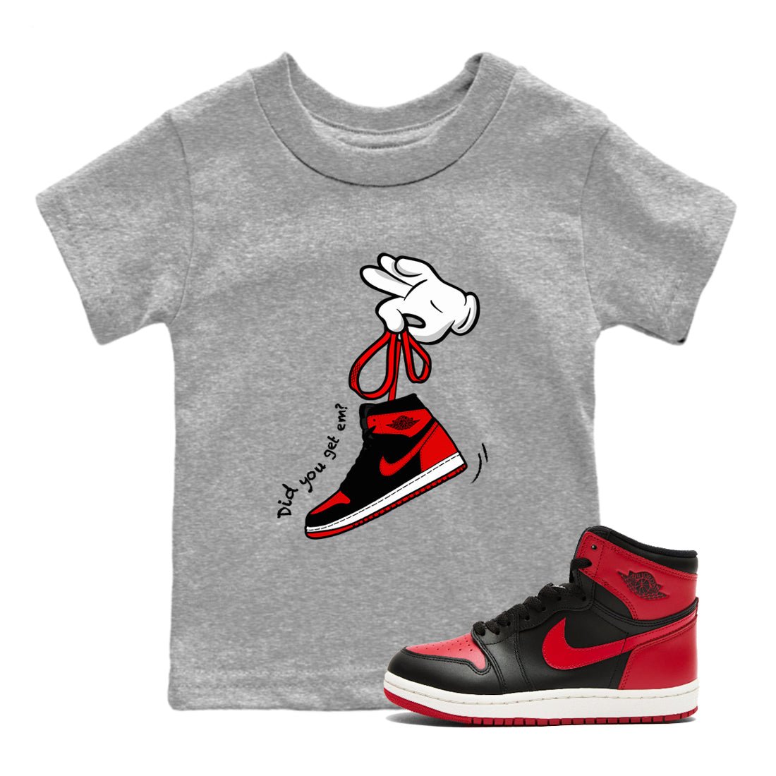 1s '85 Bred shirts to match jordans Cartoon Hands best t shirts to wear with jordans Air Jordan 1 Retro HIgh OG '85 Bred match shoes to clothes SNRT Sneaker Tees Youth Baby Heather Grey 1 tee