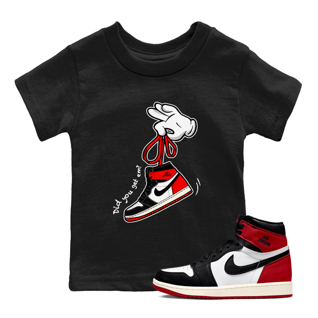 1s Black Toe Reimagined shirts to match jordans Cartoon Hands sneaker match tees Air Jordan 1 Black Toe Reimagined SNRT Sneaker Release Tees Youth Baby Black 1 crew neck shirts